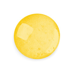 Drop of golden serum on white background