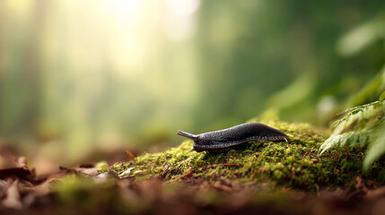 Obraz premium Black slug Arion ater slithering across moss, woodland setting, muted earth tones