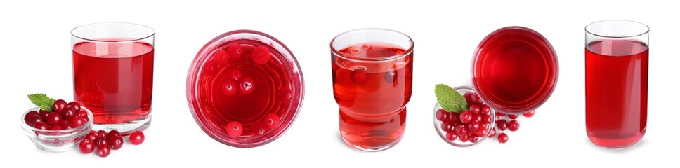 Tasty cranberry juice on white background, collage