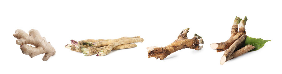 Different root vegetables isolated on white, set