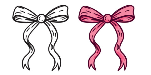 Cute pink bow with long ribbons in hand-drawn cartoon doodle style. Decorative girly element. Isolated on white background