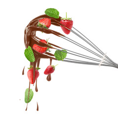 Chocolate cream dripping from whisk and falling strawberries on white background