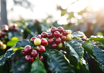 Vibrant Coffee Cherries Bursting with Freshness on a Lush Green Plant in Natural Sunlight of excellence