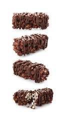 Delicious puffed rice bars with chocolate on white background, collage
