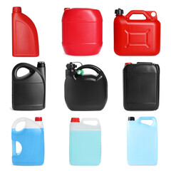 Different plastic canisters isolated on white, collage