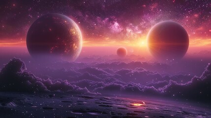 Three planets illuminate a mystic sky as colors blend in a cosmic dance of light