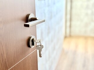 A close-up of a wooden door with a modern metal handle and a key in the lock, slightly ajar. It reveals a softly lit interior with wooden flooring, creating a sense of entry