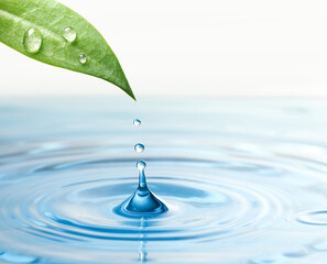 Drops falling from green leaf into water on white background, closeup