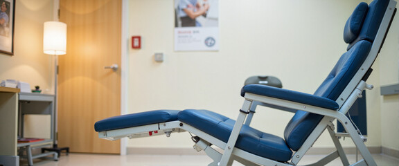 Fototapeta premium Minimalist blood donor chair in welcoming clinic, healthcare concept