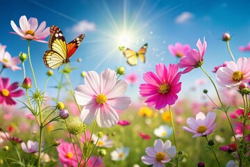 Fototapeta premium Vibrant Summer Cosmos Field: Pink, White Blossoms & Yellow Butterflies