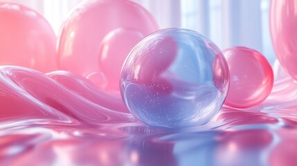 Spheres on shiny fabric with pink and blue hues create abstract scene.