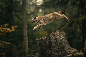 Lynx leaping forest stump.