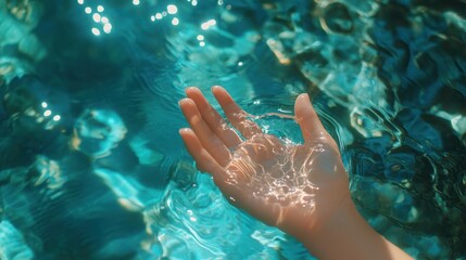 Hand reaching into clear turquoise water creating ripples and reflections of light.