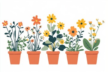 Fototapeta premium Row of potted flowers with orange and yellow petals on a white scene