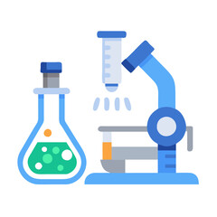 Blue lab equipment, microscope, flask, science experiment illustration