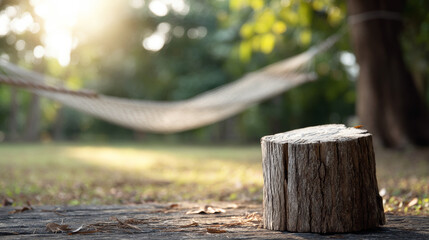 Relaxing garden with wooden stump in the foreground and blurred hammock in the background, perfect for nature themed projects