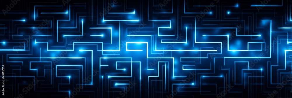 Poster abstract maze: interconnected circuitry pattern - a complex network of glowing blue lines forming an
