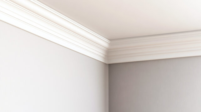 Detail of white ceiling cornice connecting walls and ceiling in renovated room, seamless decorative coating application, clean background