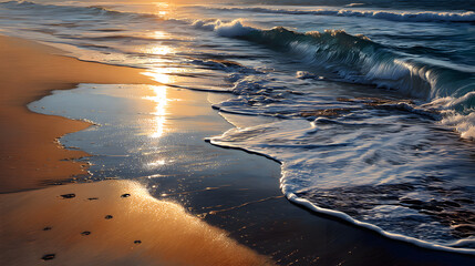 Soft waves gently rolling onto a secluded golden beach, with the ocean reflecting the warm sunlight.