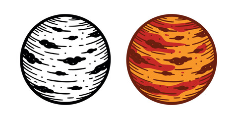 Vintage-style illustration of a cloudy planet in black and color version, textured space object isolated on white background