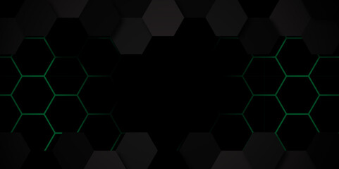 Abstract background with hexagons. Abstract Hexagonal metal background with green light. Abstract futuristic hexagon pattern for technology.