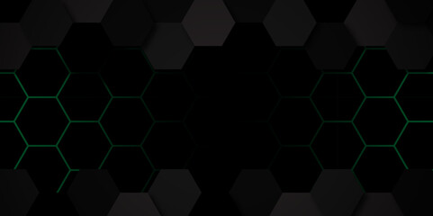 Abstract Hexagonal metal background with green light. Abstract futuristic hexagon pattern for digital design. 