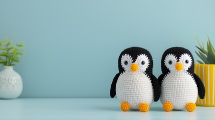 Obraz premium Pair of crochet penguins, soft blue background, handmade plush, cute winter animals, charming kids room decor, minimalistic, playful friends, cozy yarn, fun nursery style, copy space