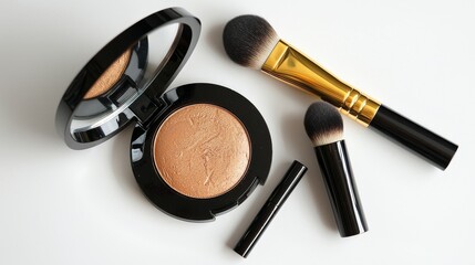 Lipstick, makeup brushes, and powder are showcased in a minimalist style, arranged beautifully on a light background that accentuates the cosmetic products, stock