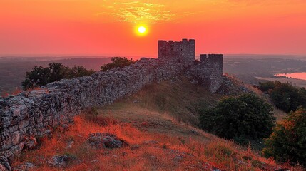 Fototapeta premium Sunset over ancient stone castle ruins on a hilltop with scenic landscape