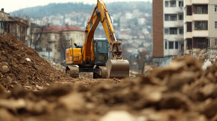 Excavator digging on construction site between buildings, moving earth and preparing terrain for new foundations