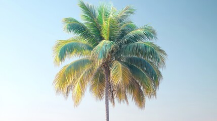 Tall palm tree sways gently, its vibrant fronds basking in the warm glow of sunset