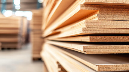 Fototapeta premium Close up of stacked fiberboard panels, highlighting layers and texture, stored in a warehouse or lumber yard, ready for use in construction or furniture making