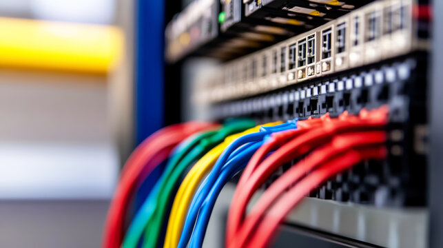 Multicolored network cables plugged into server rack showing digital connectivity and data transmission infrastructure