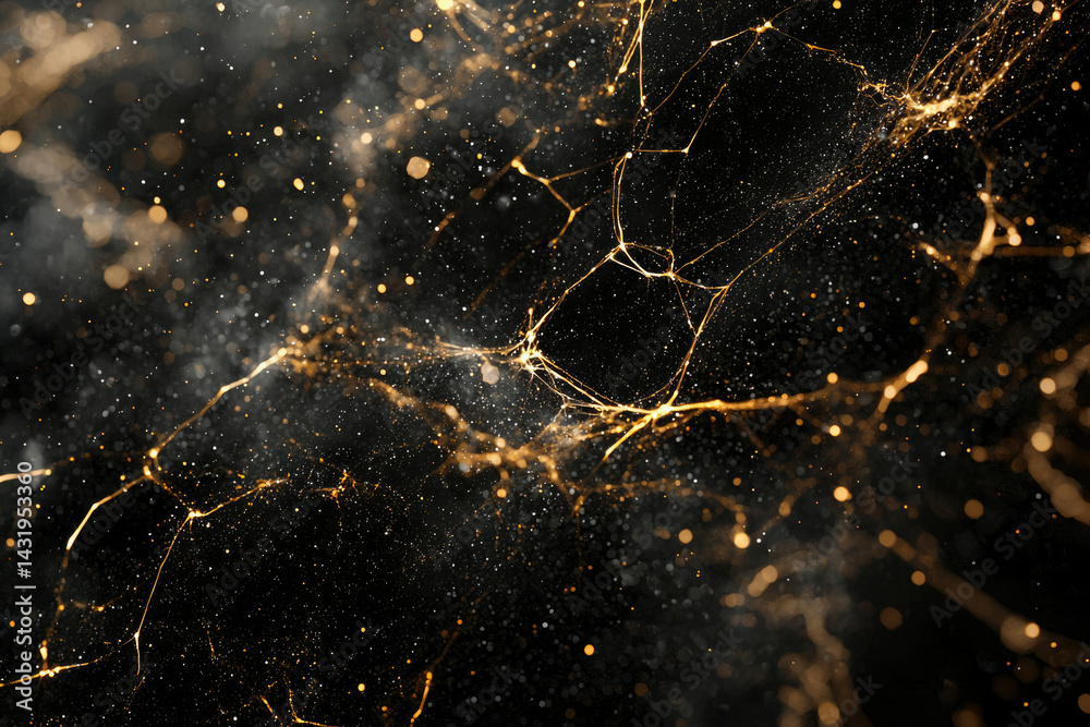 Fototapete Abstract background with golden particles and glowing lines forming a dynamic network in dark space.
