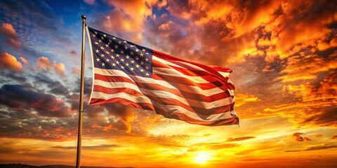 Obraz premium Vintage American Flag Sunset - Patriotism, Freedom, National Pride, Americana Photography