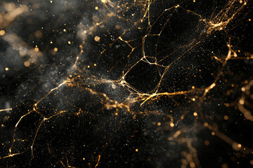 Abstract background with golden particles and glowing lines forming a dynamic network in dark space.