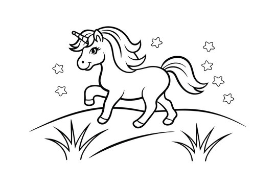 recommend clip art: Cute unicorn coloring page with stars on a hill black and white outline illustration
