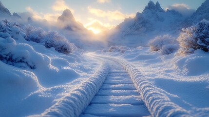 A warm sunrise glows over a snowy landscape with a winding path through peaks
