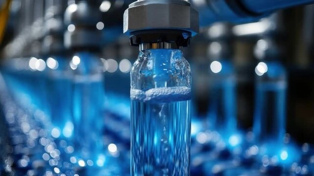 Liquid Bottling Process: A close-up view showcasing the mechanized process of bottling a clear liquid. Highlighting precision, clarity, and the dynamics of automated technology.