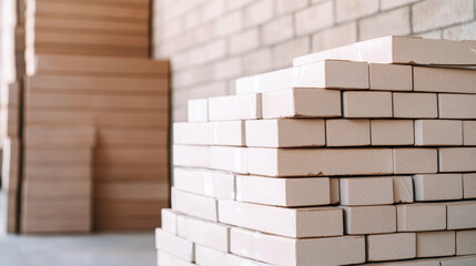 Construction site scene, stacked ceramic tiles packaged, waiting near weathered brick wall for renovation project