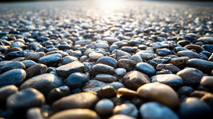 Obraz premium Wet gravel stones reflecting warm sunlight, creating a subtle contrast and a clean minimalist background