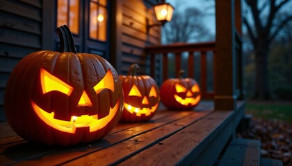 Three Illuminated Menacing Jack-o'-lanterns Orange and Brown Representing Halloween Night Scene