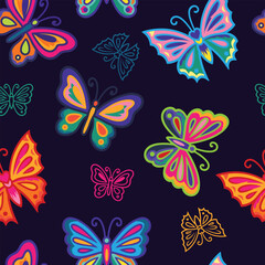 Seamless pattern with colorful butterflies in doodle cartoon style on dark background. Bright and playful illustration