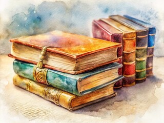 Vintage Book Collection: Tilt-Shift Watercolor Illustration of Old Books