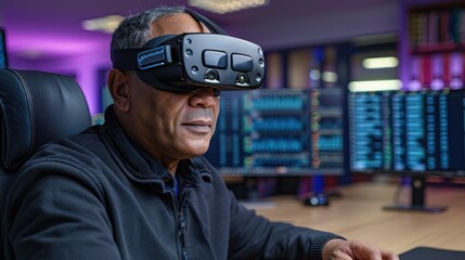 A man uses a virtual reality headset, immersed in data analysis and technology