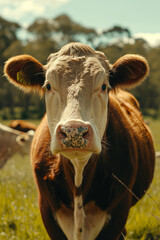 Portrait of a brown and white cow standing in a lush green field. A peaceful agricultural scene ideal for World Milk Day and rural life themes.