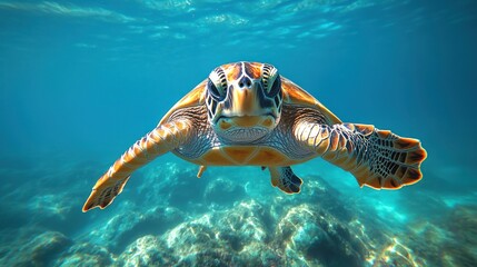 Obraz premium A colorful sea turtle swims effortlessly among coral formations in crystal-clear waters