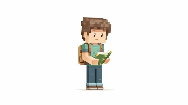 Pixel art style boy with backpack reading a book on white background