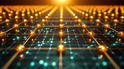 Fototapeta premium Golden spheres illuminate a grid of connected lines as light radiates from the horizon