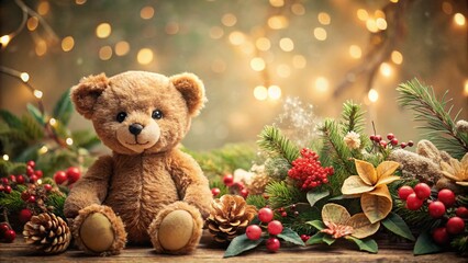 Vintage Christmas Bear & Floral Greeting Card Template